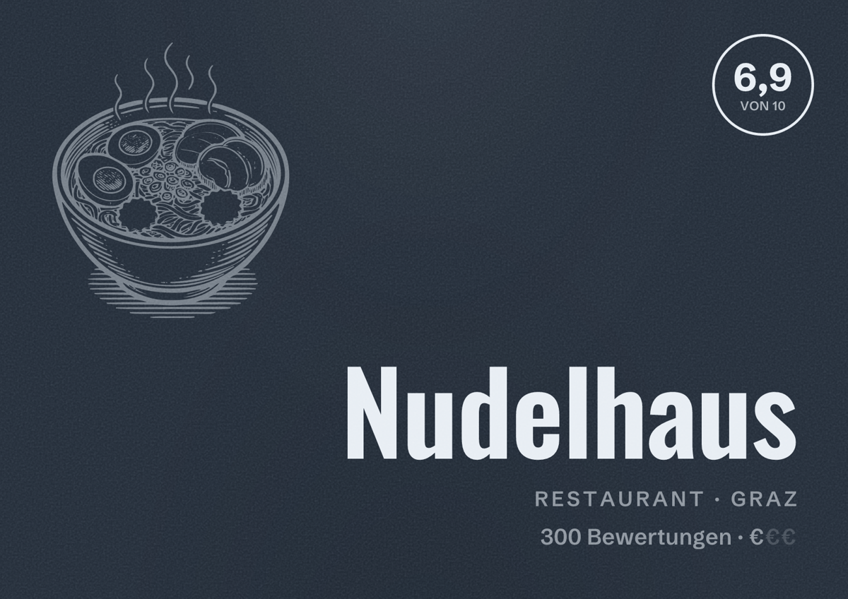 Illustriertes Poster von Nudelhaus, Restaurant in Graz: Bewertung 6,9 von 10 aus 300 Bewertungen, Preisniveau €