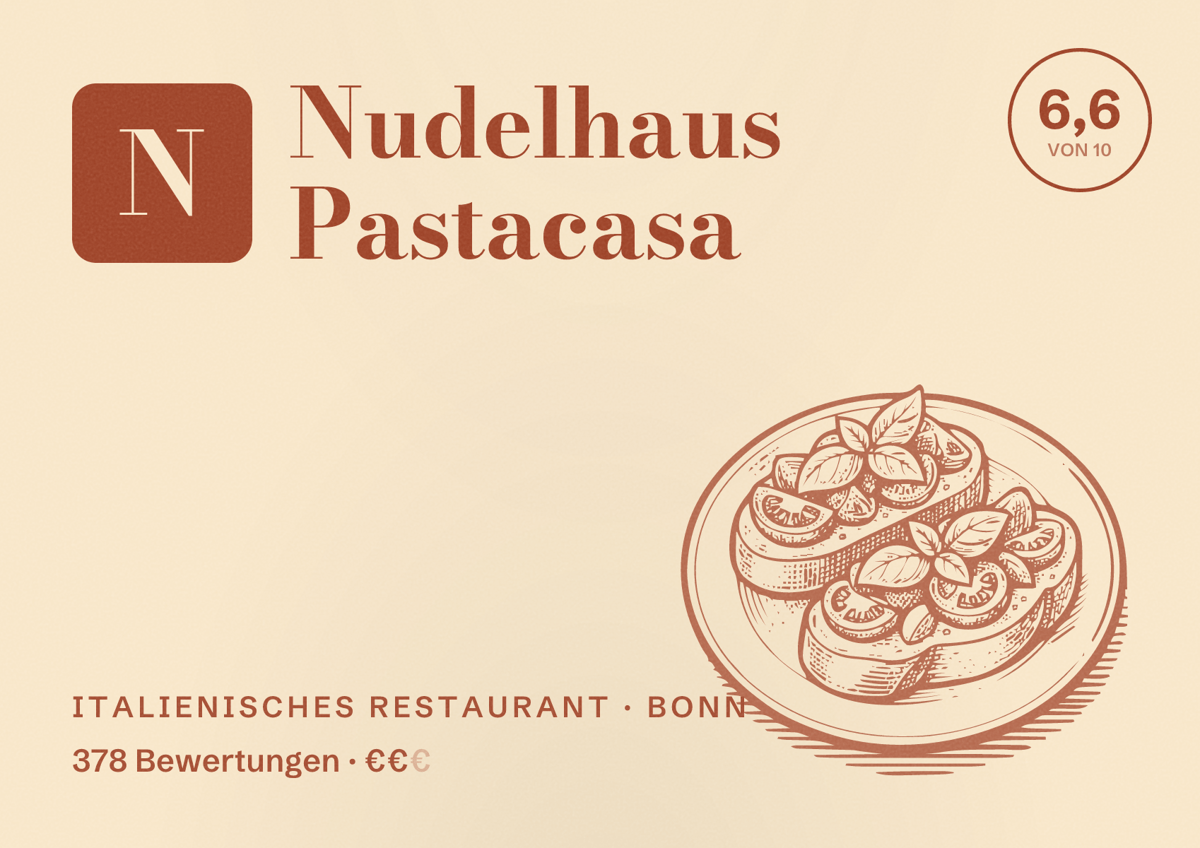 Illustriertes Poster von Nudelhaus Pastacasa, Italienisches Restaurant in Bonn: Bewertung 6,6 von 10 aus 378 Bewertungen, Preisniveau €€