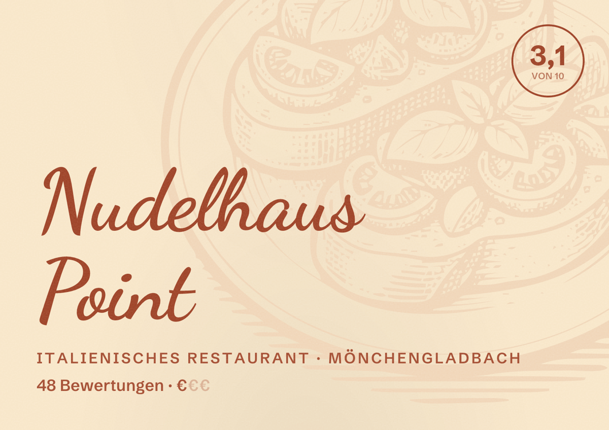 Illustriertes Poster von Nudelhaus Point, Italienisches Restaurant in Mönchengladbach: Bewertung 3,1 von 10 aus 48 Bewertungen, Preisniveau €