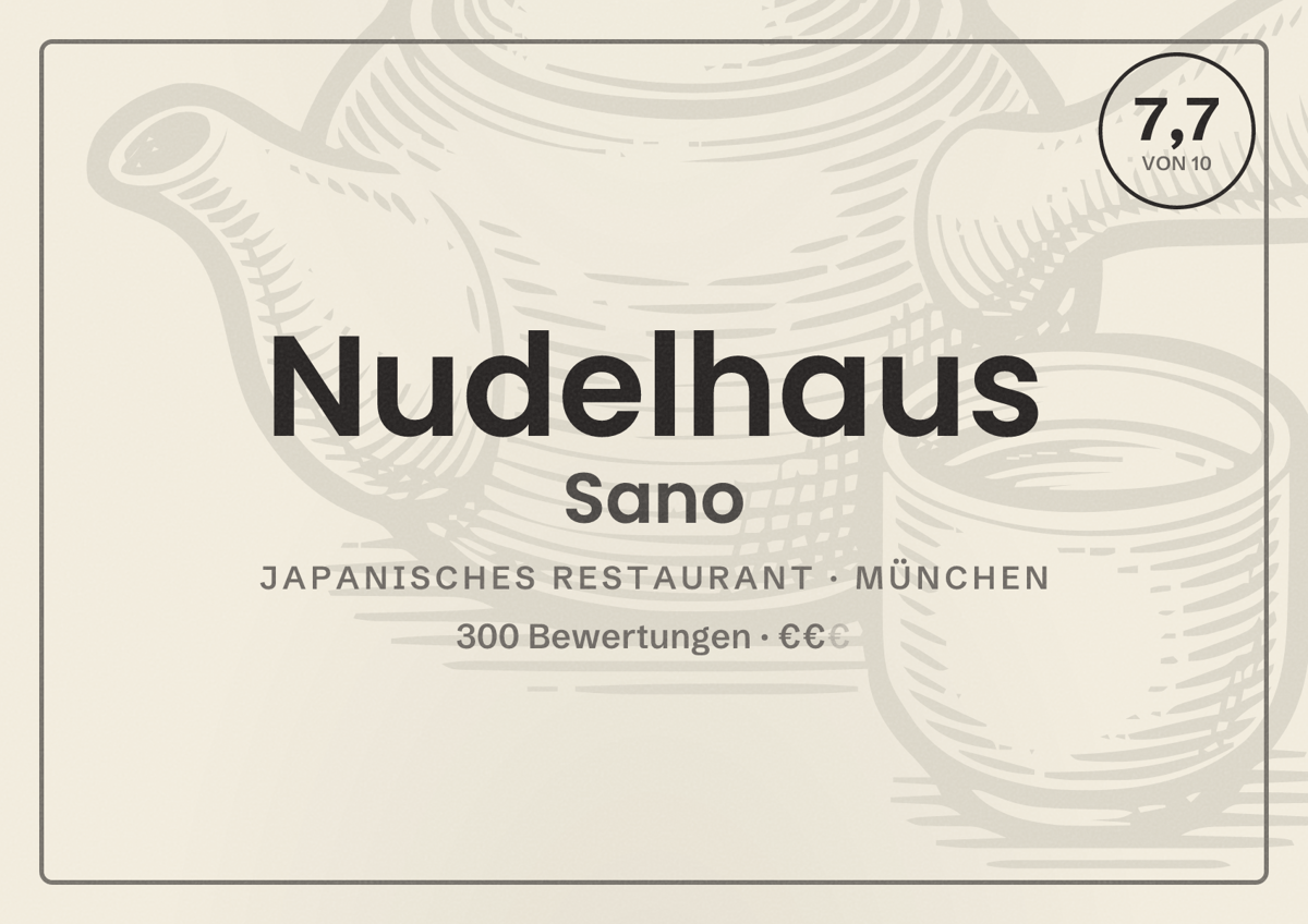 Illustriertes Poster von Nudelhaus Sano, Japanisches Restaurant in München: Bewertung 7,7 von 10 aus 300 Bewertungen, Preisniveau €€