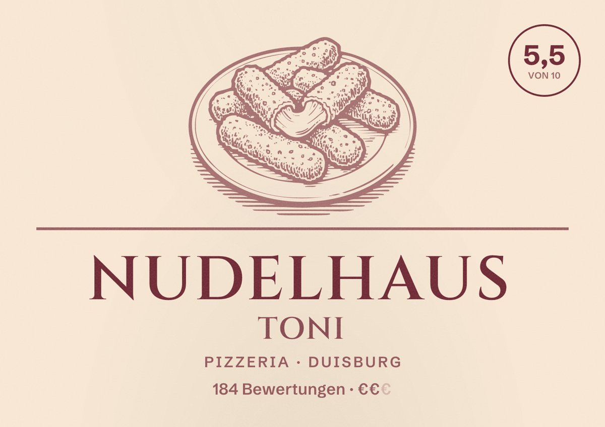 Illustriertes Poster von Nudelhaus Toni, Pizzeria in Duisburg: Bewertung 5,5 von 10 aus 184 Bewertungen, Preisniveau €€