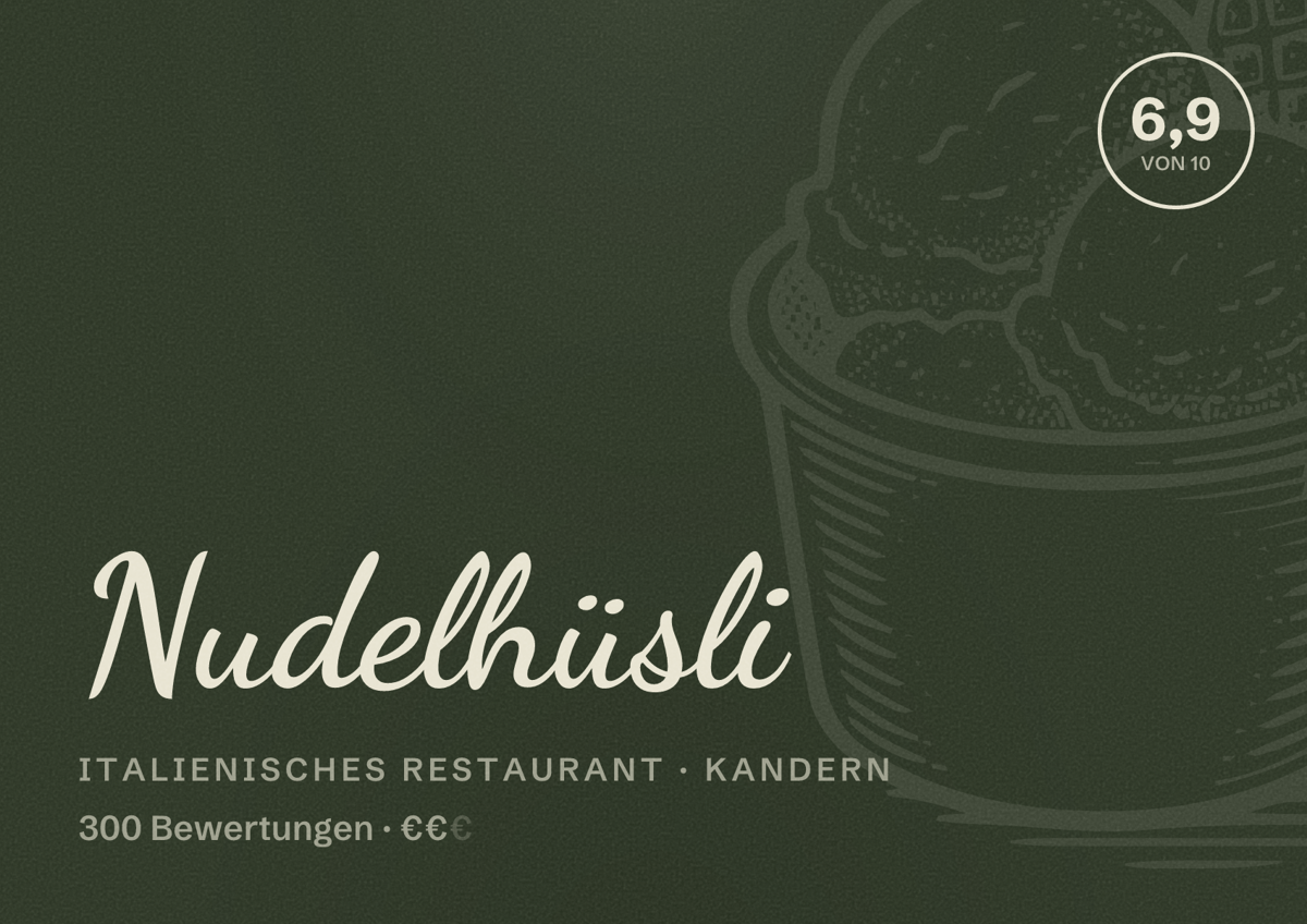 Illustriertes Poster von Nudelhüsli, Italienisches Restaurant in Kandern: Bewertung 6,9 von 10 aus 300 Bewertungen, Preisniveau €€