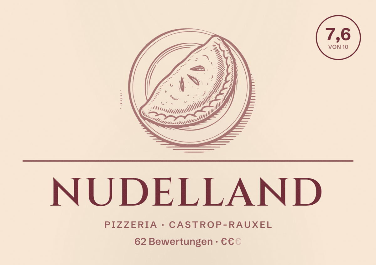 Illustriertes Poster von Nudelland, Pizzeria in Castrop-Rauxel: Bewertung 7,6 von 10 aus 62 Bewertungen, Preisniveau €€