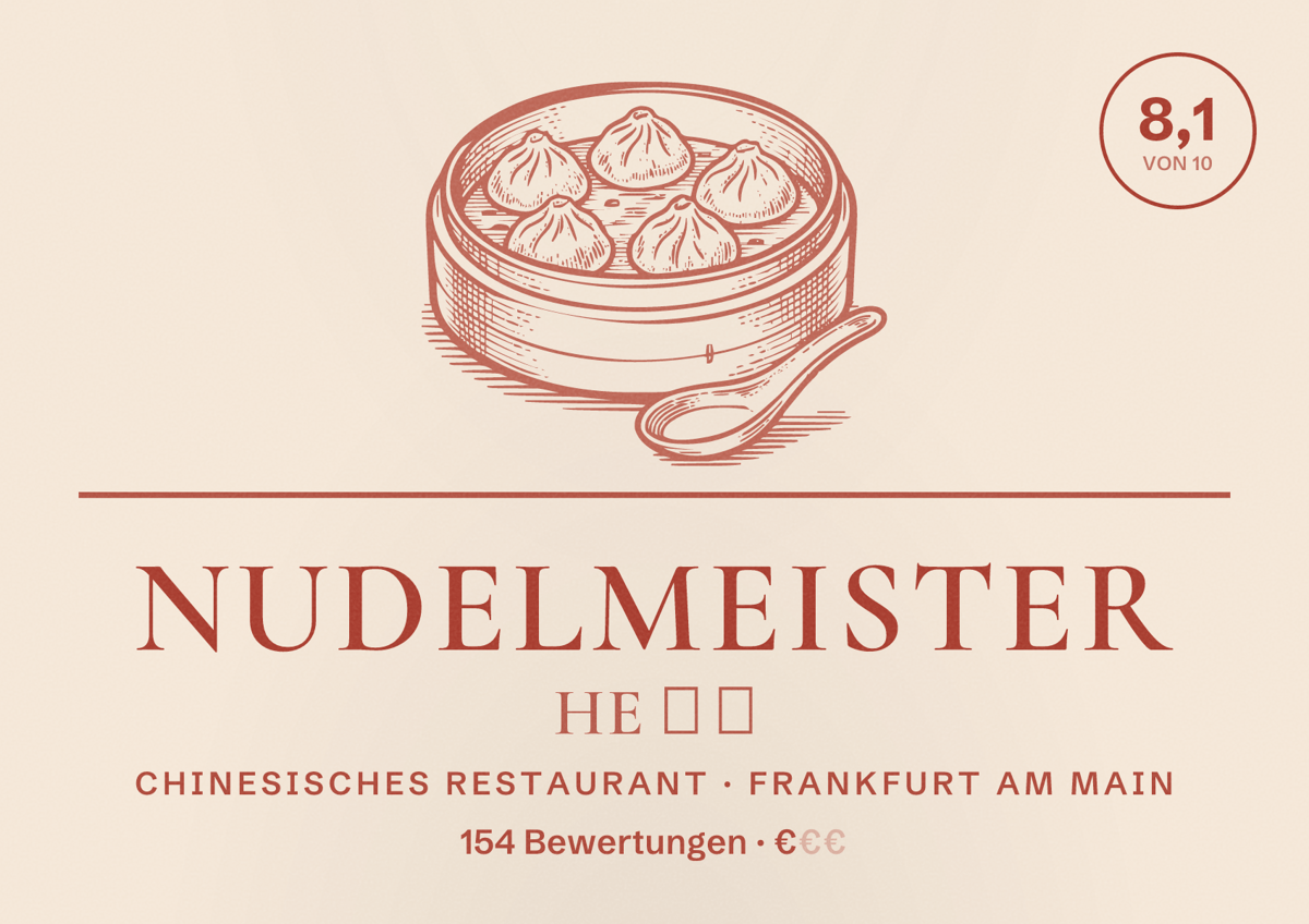 Illustriertes Poster von Nudelmeister He （ ）, Chinesisches Restaurant in Frankfurt am Main: Bewertung 8,1 von 10 aus 154 Bewertungen, Preisniveau €