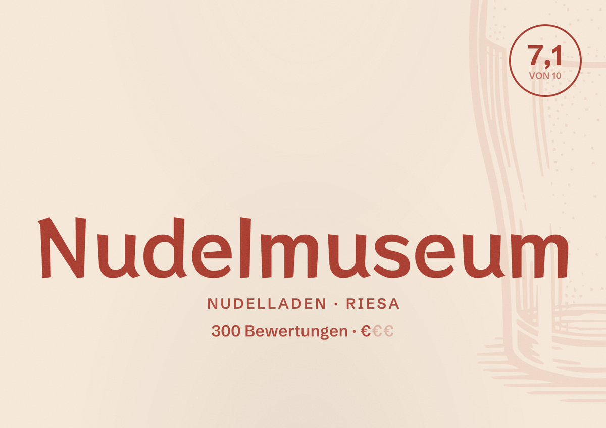 Illustriertes Poster von Nudelmuseum, Nudelladen in Riesa: Bewertung 7,1 von 10 aus 300 Bewertungen, Preisniveau €