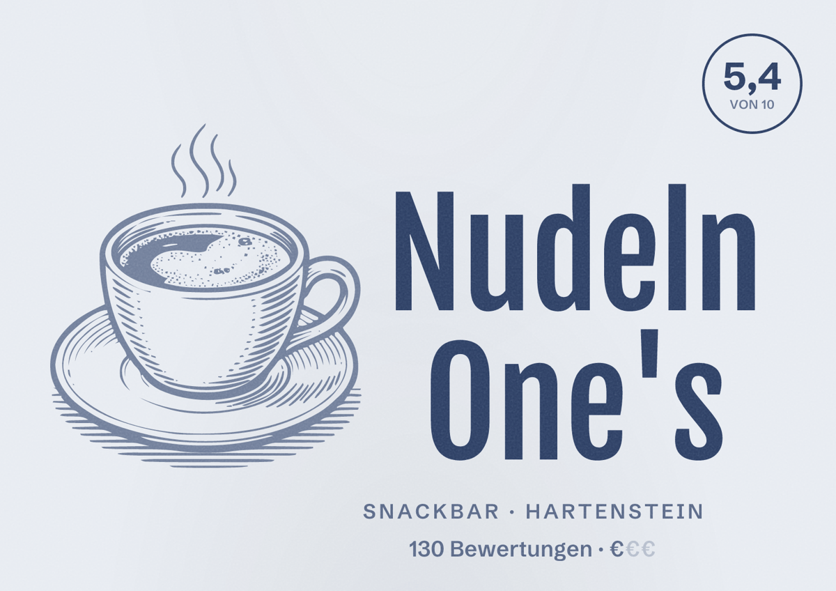 Illustriertes Poster von Nudeln One's, Snackbar in Hartenstein: Bewertung 5,4 von 10 aus 130 Bewertungen, Preisniveau €