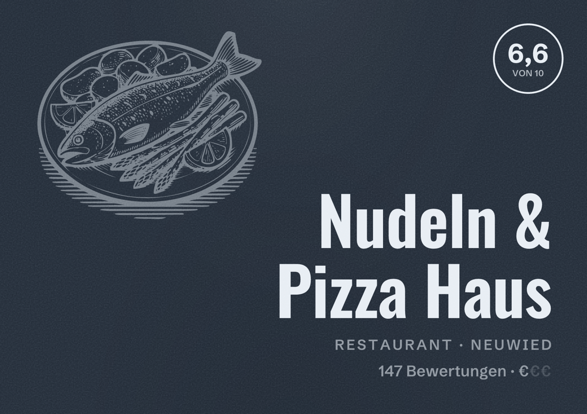 Illustriertes Poster von Nudeln & Pizza Haus, Restaurant in Neuwied: Bewertung 6,6 von 10 aus 147 Bewertungen, Preisniveau €
