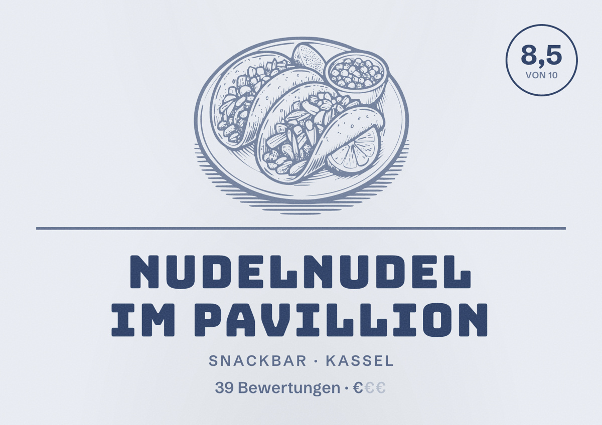 Illustriertes Poster von NudelNudel im Pavillion, Snackbar in Kassel: Bewertung 8,5 von 10 aus 39 Bewertungen, Preisniveau €