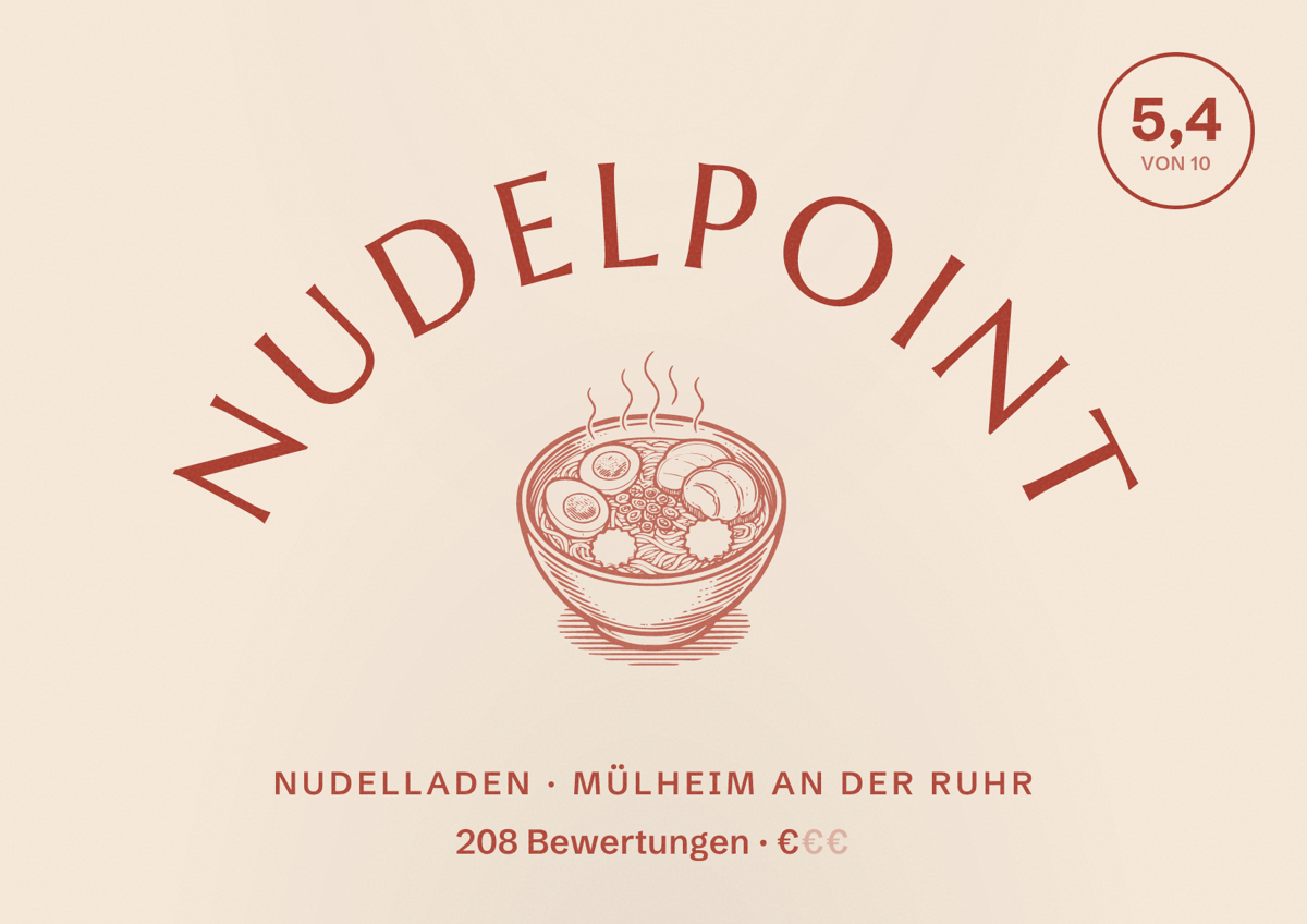 Illustriertes Poster von Nudelpoint, Nudelladen in Mülheim an der Ruhr: Bewertung 5,4 von 10 aus 208 Bewertungen, Preisniveau €