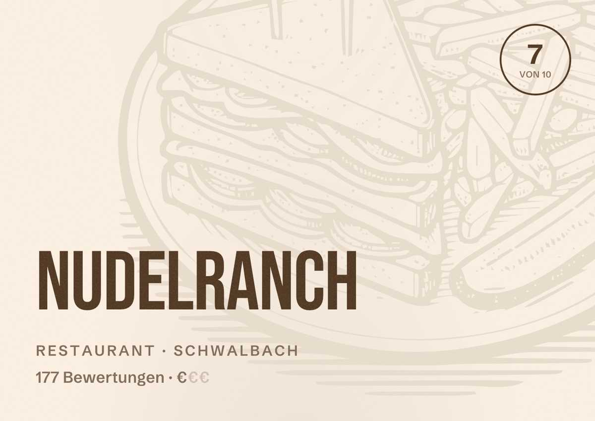 Illustriertes Poster von Nudelranch, Restaurant in Schwalbach: Bewertung 7 von 10 aus 177 Bewertungen, Preisniveau €