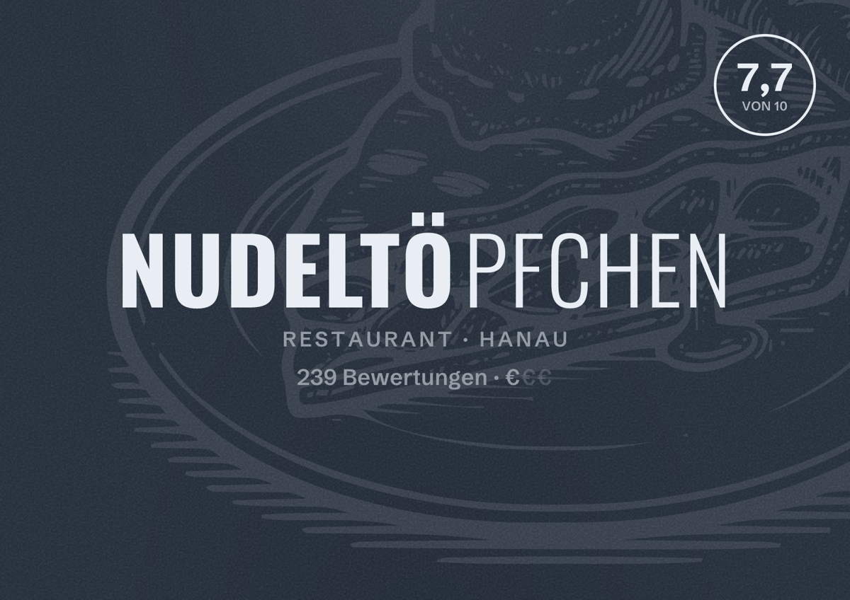 Illustriertes Poster von Nudeltöpfchen, Restaurant in Hanau: Bewertung 7,7 von 10 aus 239 Bewertungen, Preisniveau €