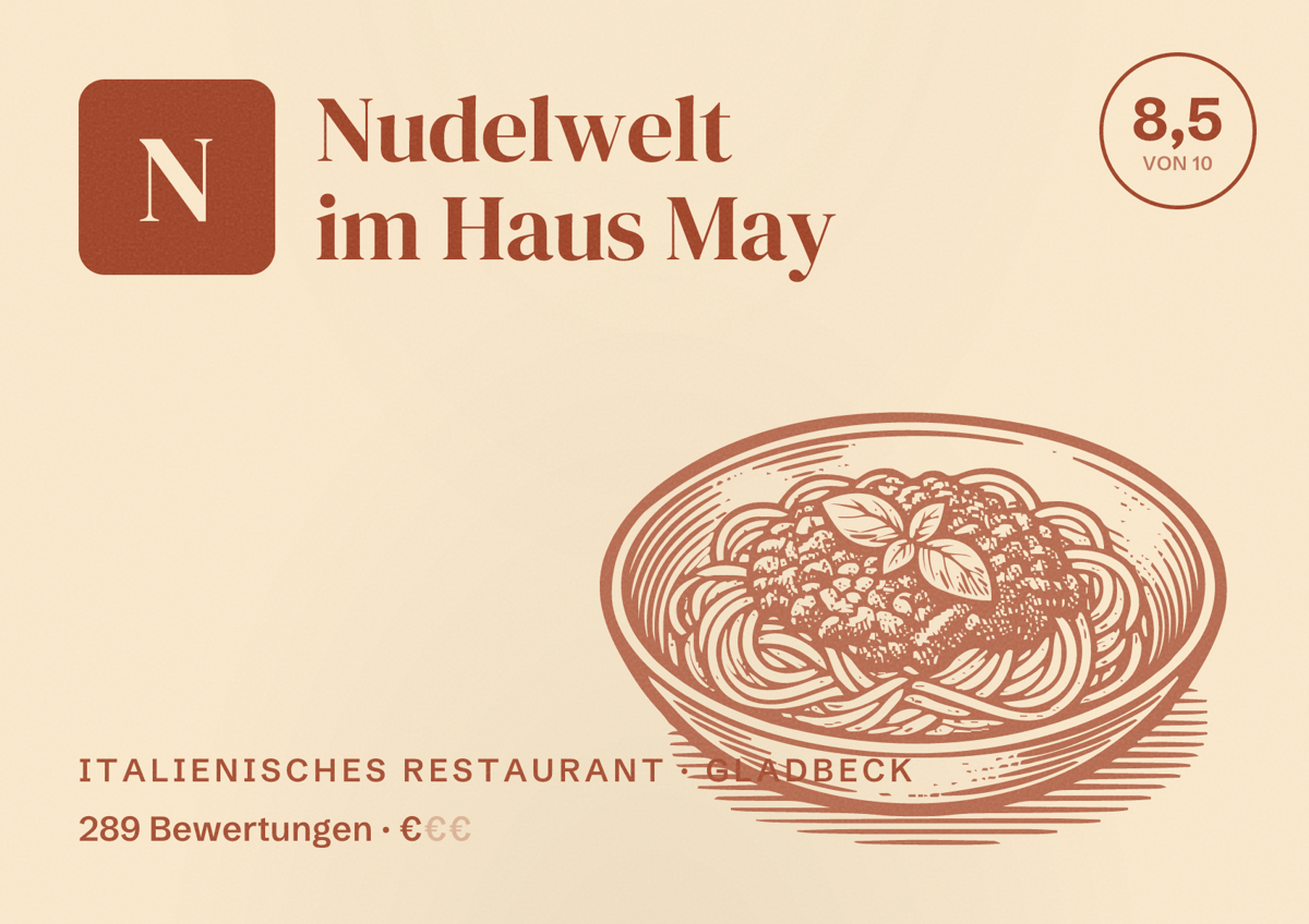 Illustriertes Poster von Nudelwelt im Haus May, Italienisches Restaurant in Gladbeck: Bewertung 8,5 von 10 aus 289 Bewertungen, Preisniveau €
