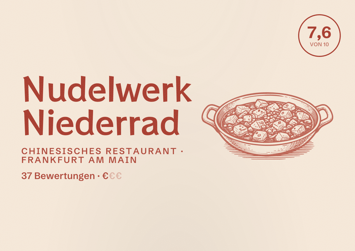 Illustriertes Poster von Nudelwerk Niederrad, Chinesisches Restaurant in Frankfurt am Main: Bewertung 7,6 von 10 aus 37 Bewertungen, Preisniveau €