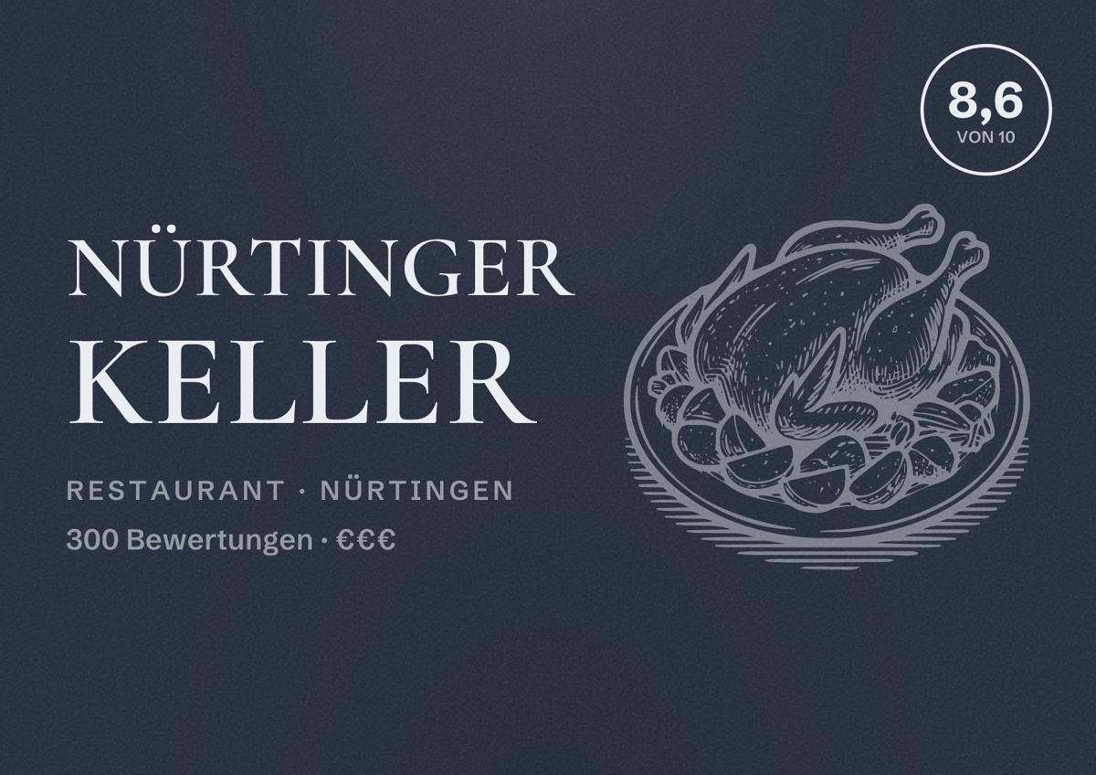 Illustriertes Poster von Nürtinger Keller, Restaurant in Nürtingen: Bewertung 8,6 von 10 aus 300 Bewertungen, Preisniveau €€€