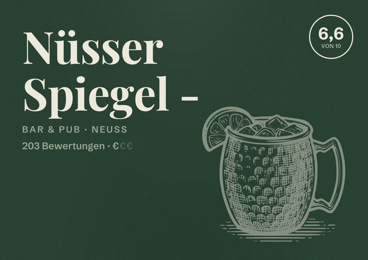 Illustriertes Poster von Nüsser Spiegel -, Bar & Pub in Neuss: Bewertung 6,6 von 10 aus 203 Bewertungen, Preisniveau €