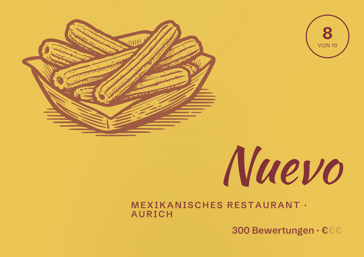 Illustriertes Poster von Nuevo, Mexikanisches Restaurant in Aurich: Bewertung 8 von 10 aus 300 Bewertungen, Preisniveau €