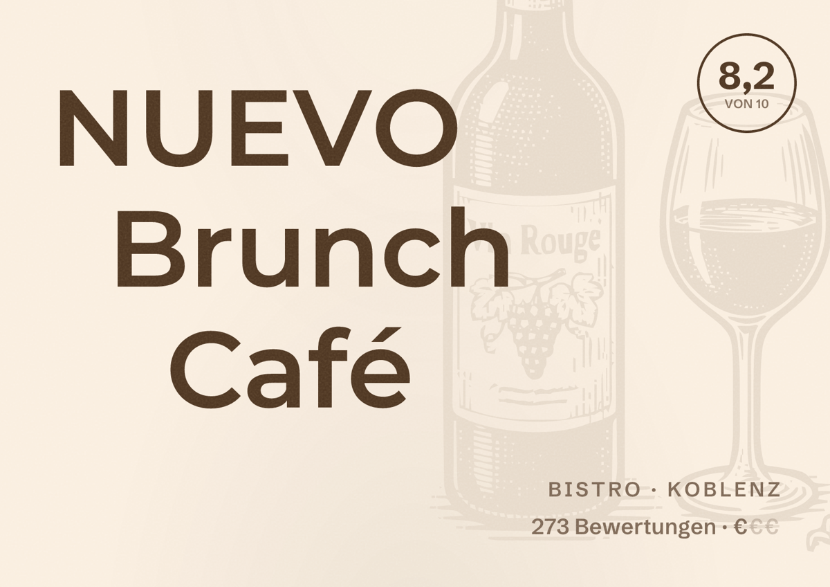 Illustriertes Poster von NUEVO Brunch Café, Bistro in Koblenz: Bewertung 8,2 von 10 aus 273 Bewertungen, Preisniveau €