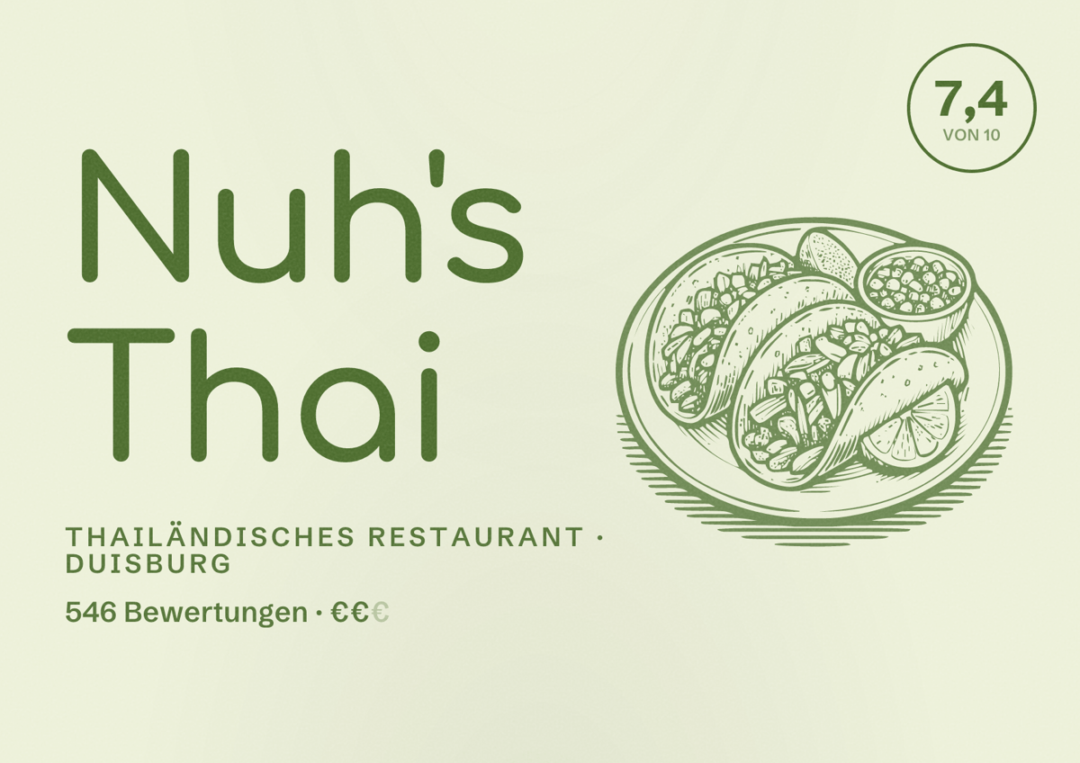 Illustriertes Poster von Nuh's Thai, Thailändisches Restaurant in Duisburg: Bewertung 7,4 von 10 aus 546 Bewertungen, Preisniveau €€