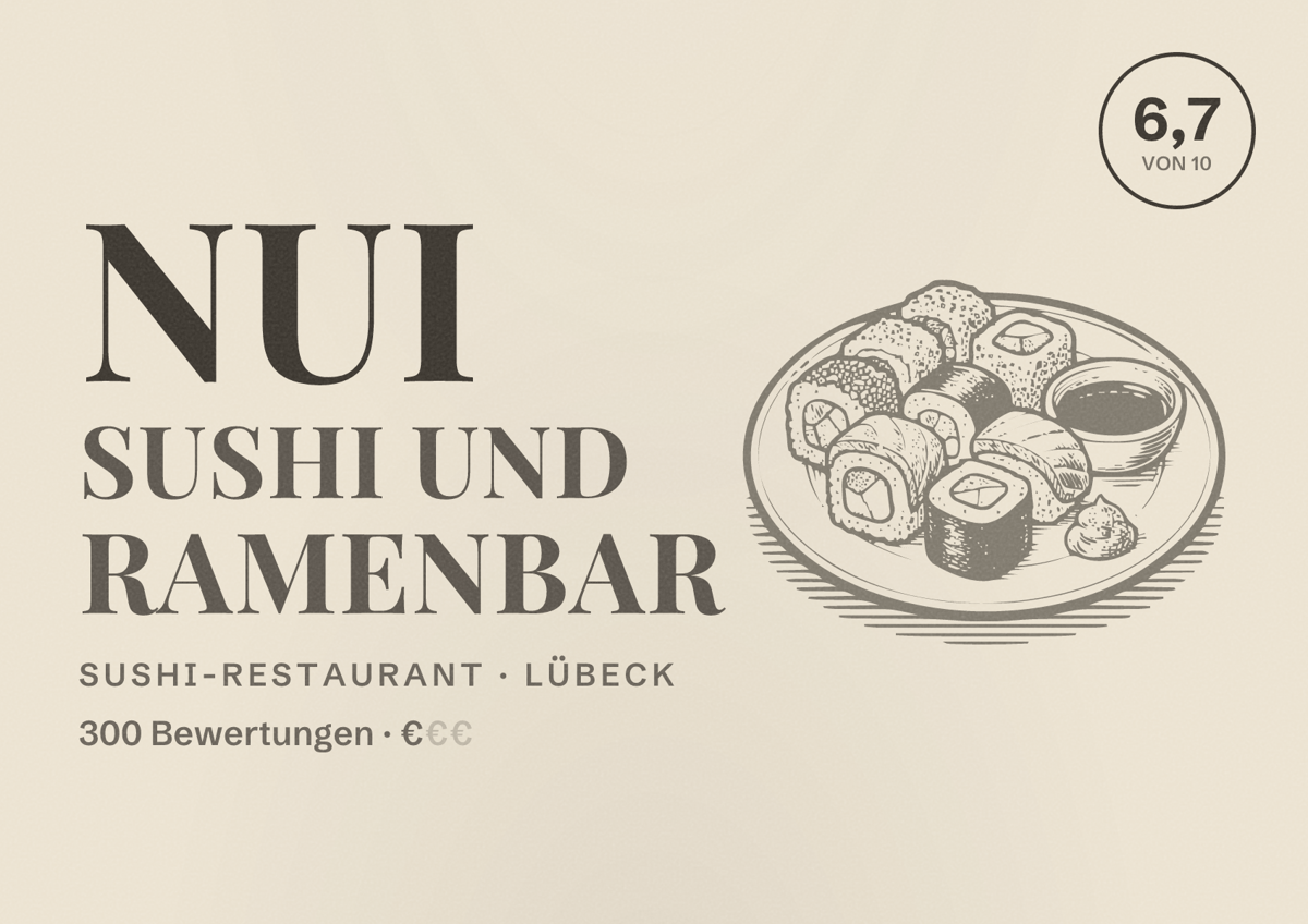 Illustriertes Poster von Nui Sushi und Ramenbar, Sushi-Restaurant in Lübeck: Bewertung 6,7 von 10 aus 300 Bewertungen, Preisniveau €
