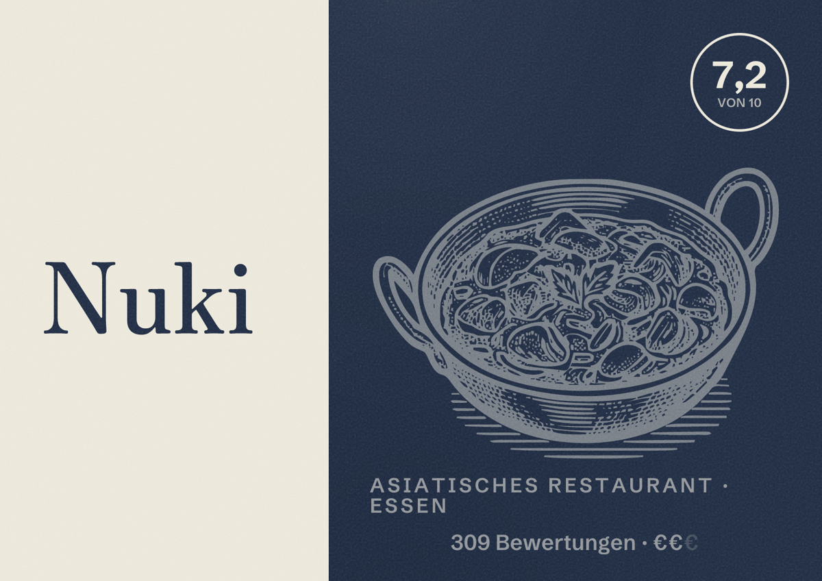 Illustriertes Poster von Nuki, Asiatisches Restaurant in Essen: Bewertung 7,2 von 10 aus 309 Bewertungen, Preisniveau €€