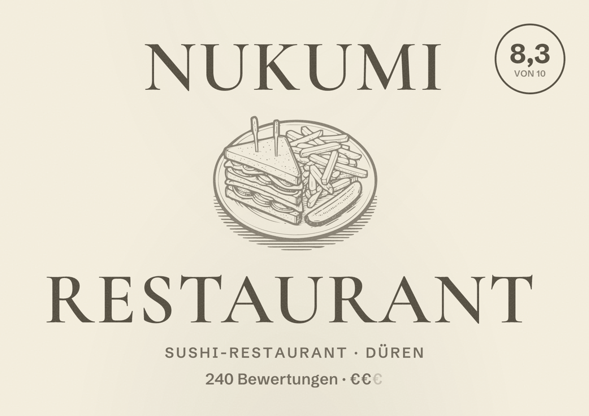 Illustriertes Poster von Nukumi Restaurant, Sushi-Restaurant in Düren: Bewertung 8,3 von 10 aus 240 Bewertungen, Preisniveau €€