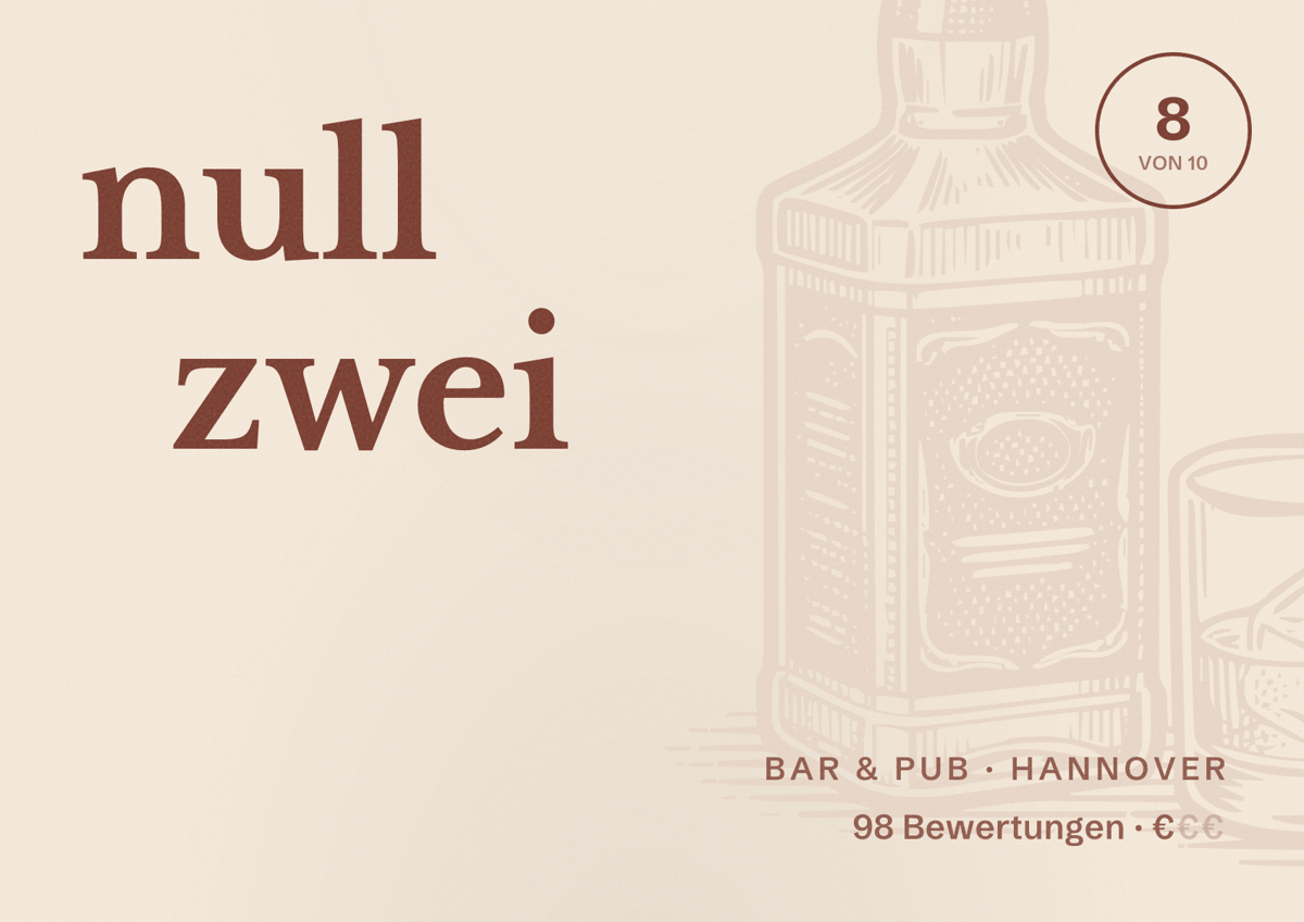 Illustriertes Poster von null zwei, Bar & Pub in Hannover: Bewertung 8 von 10 aus 98 Bewertungen, Preisniveau €