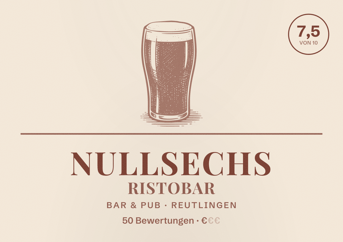 Illustriertes Poster von Nullsechs Ristobar, Bar & Pub in Reutlingen: Bewertung 7,5 von 10 aus 50 Bewertungen, Preisniveau €