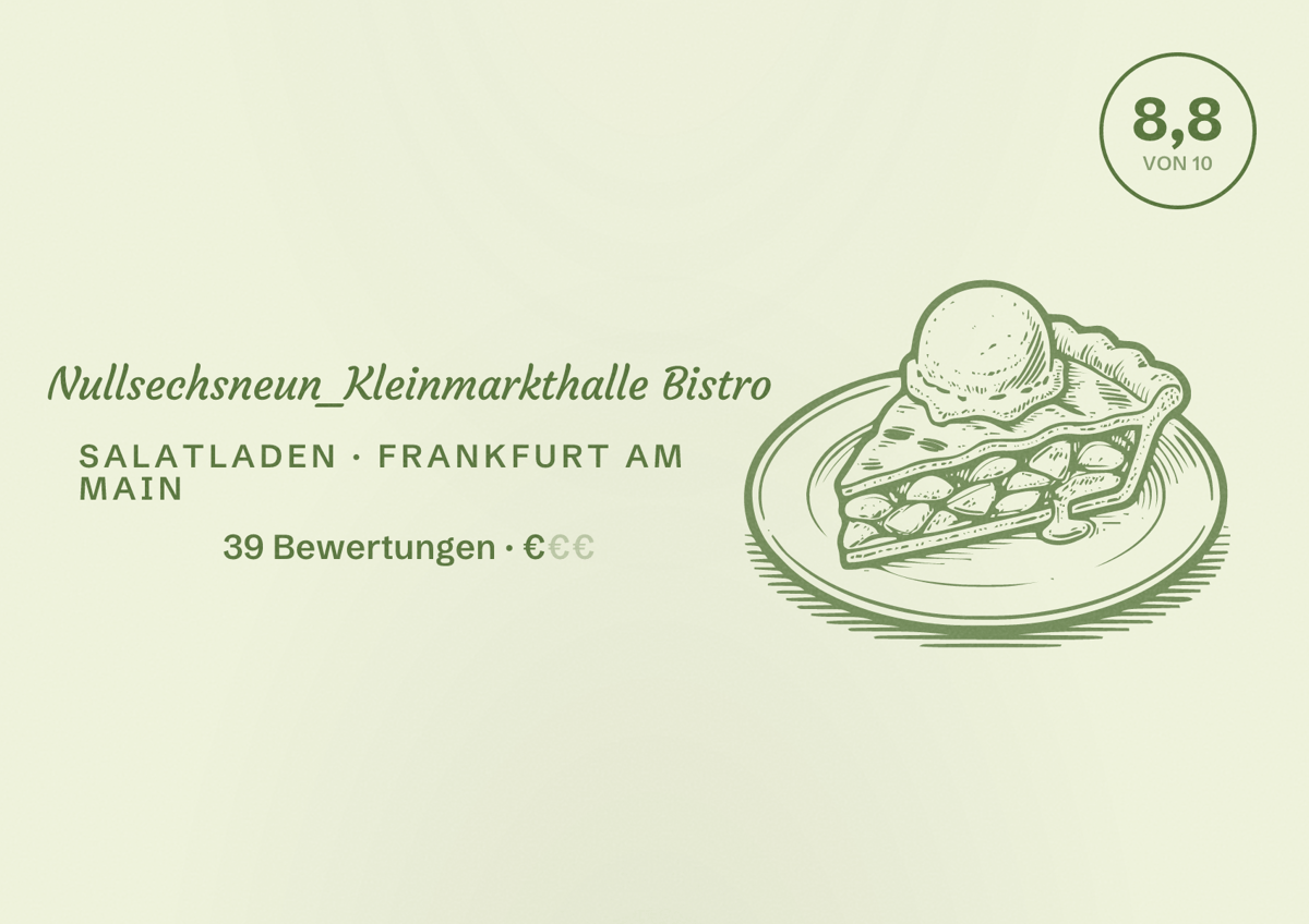 Illustriertes Poster von Nullsechsneun_Kleinmarkthalle Bistro, Salatladen in Frankfurt am Main: Bewertung 8,8 von 10 aus 39 Bewertungen, Preisniveau €