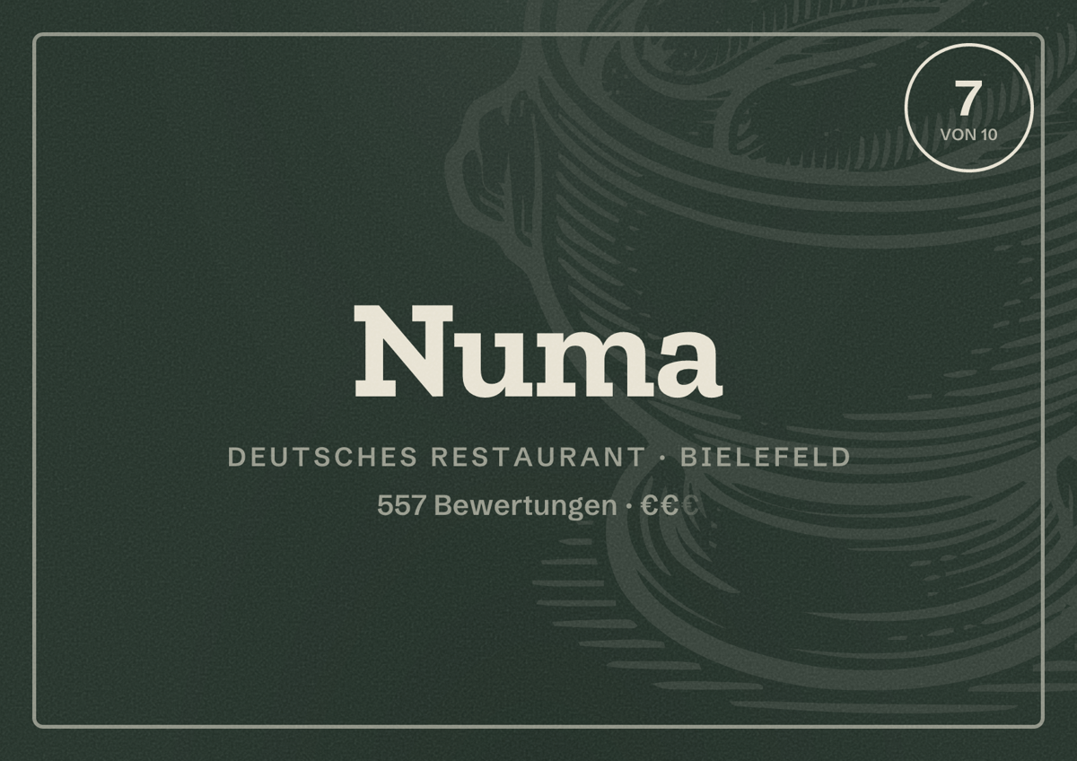 Illustriertes Poster von Numa, Deutsches Restaurant in Bielefeld: Bewertung 7 von 10 aus 557 Bewertungen, Preisniveau €€