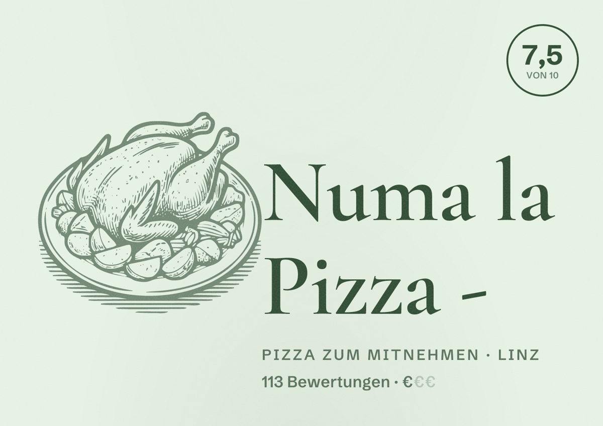 Illustriertes Poster von Numa la Pizza -, Pizza zum Mitnehmen in Linz: Bewertung 7,5 von 10 aus 113 Bewertungen, Preisniveau €