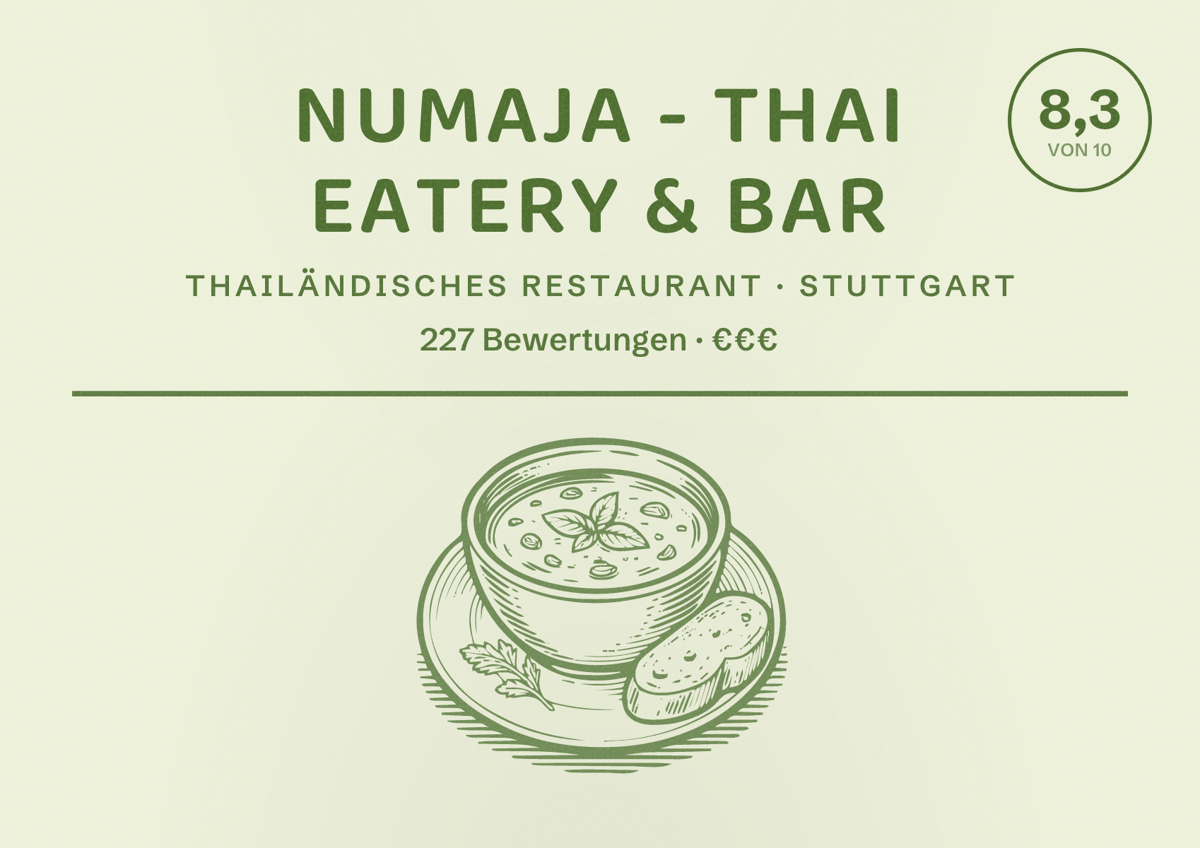 Illustriertes Poster von NUMAJA - thai eatery & bar, Thailändisches Restaurant in Stuttgart: Bewertung 8,3 von 10 aus 227 Bewertungen, Preisniveau €€€
