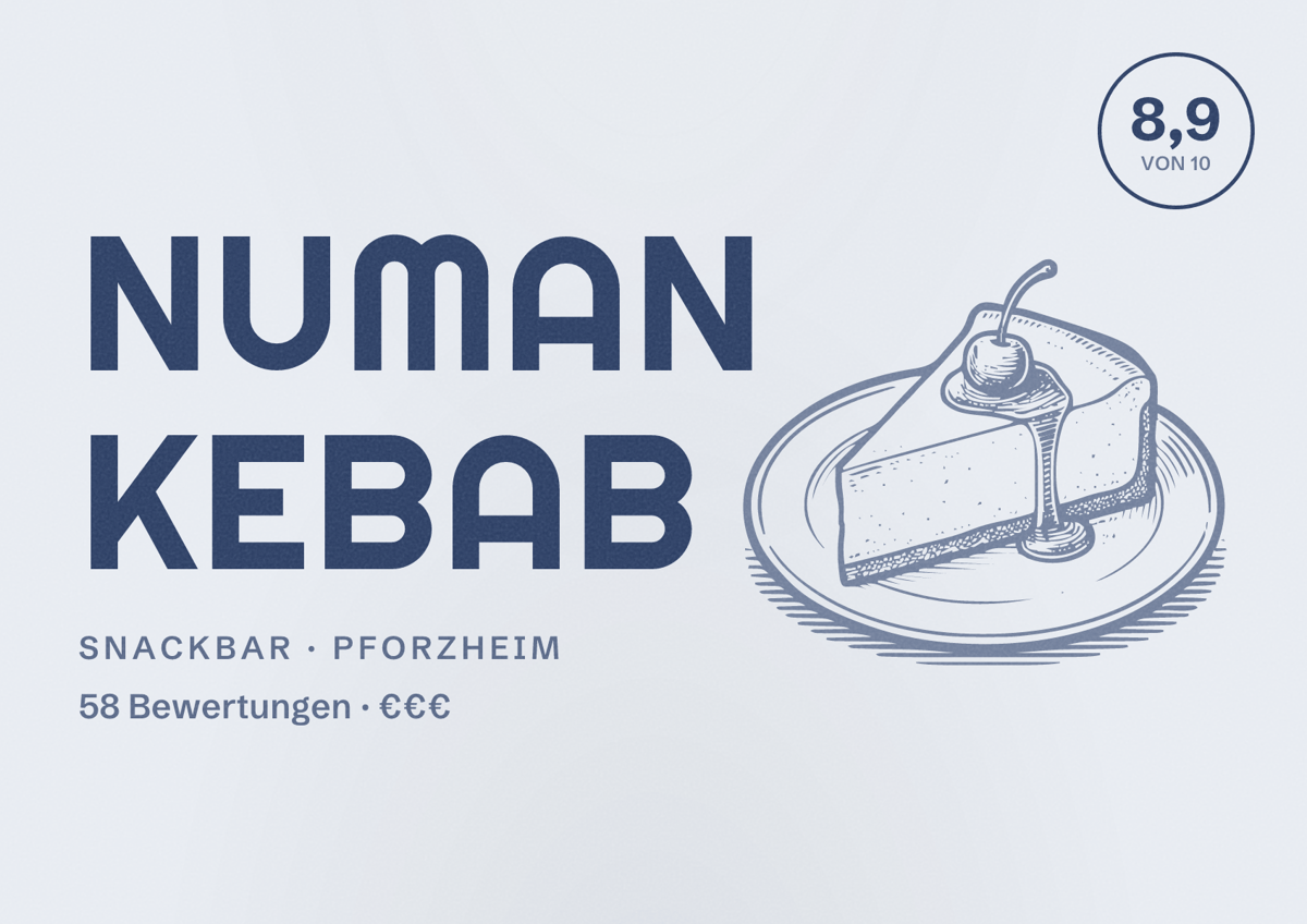 Illustriertes Poster von Numan Kebab, Snackbar in Pforzheim: Bewertung 8,9 von 10 aus 58 Bewertungen, Preisniveau €€€