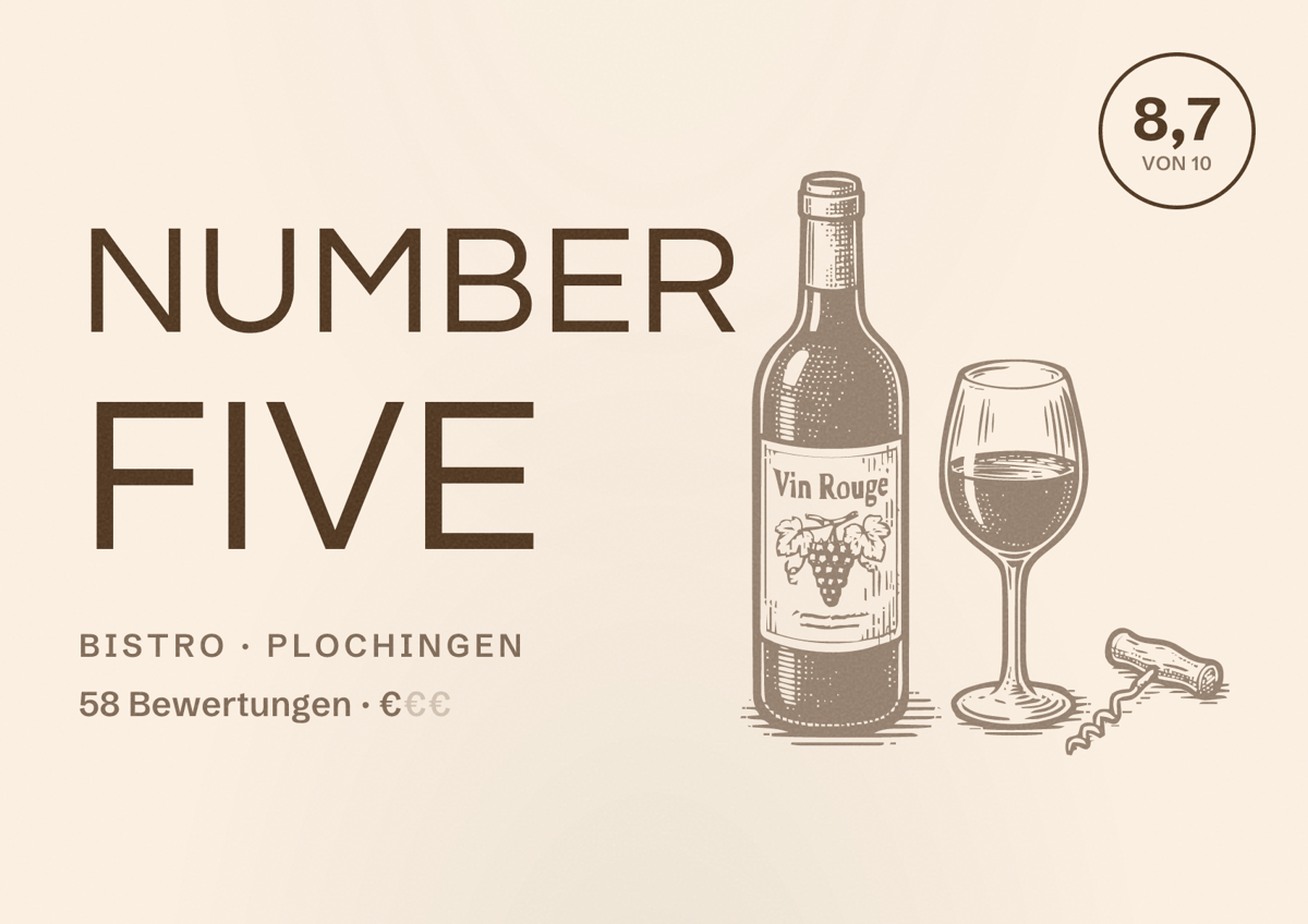 Illustriertes Poster von Number Five, Bistro in Plochingen: Bewertung 8,7 von 10 aus 58 Bewertungen, Preisniveau €
