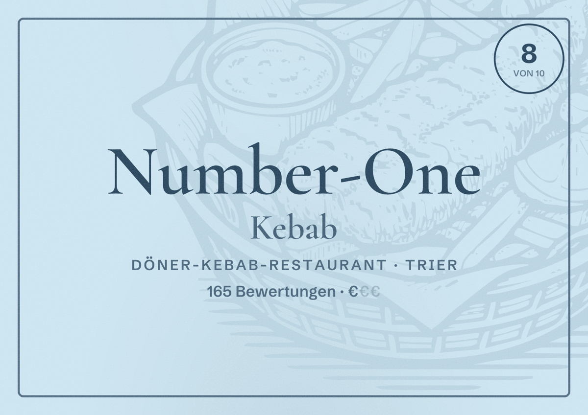 Illustriertes Poster von Number-One Kebab, Döner-Kebab-Restaurant in Trier: Bewertung 8 von 10 aus 165 Bewertungen, Preisniveau €