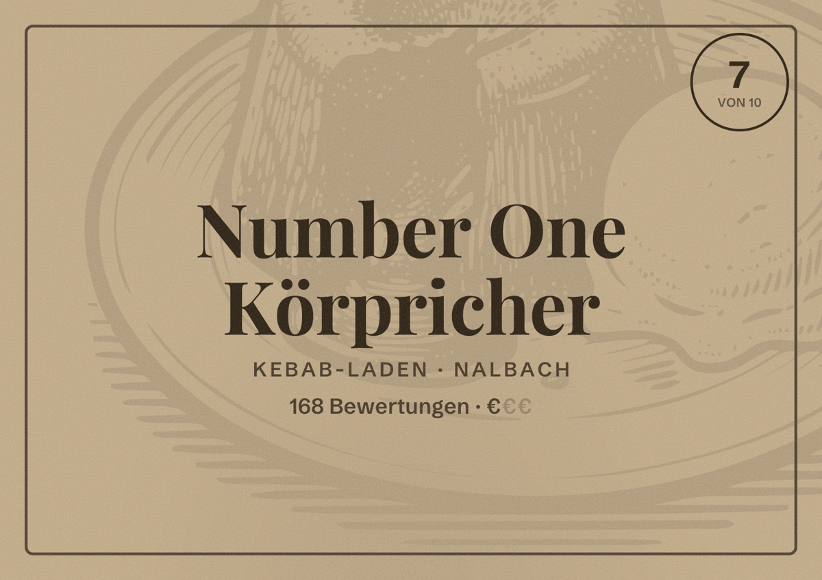 Illustriertes Poster von Number One Körpricher, Kebab-Laden in Nalbach: Bewertung 7 von 10 aus 168 Bewertungen, Preisniveau €