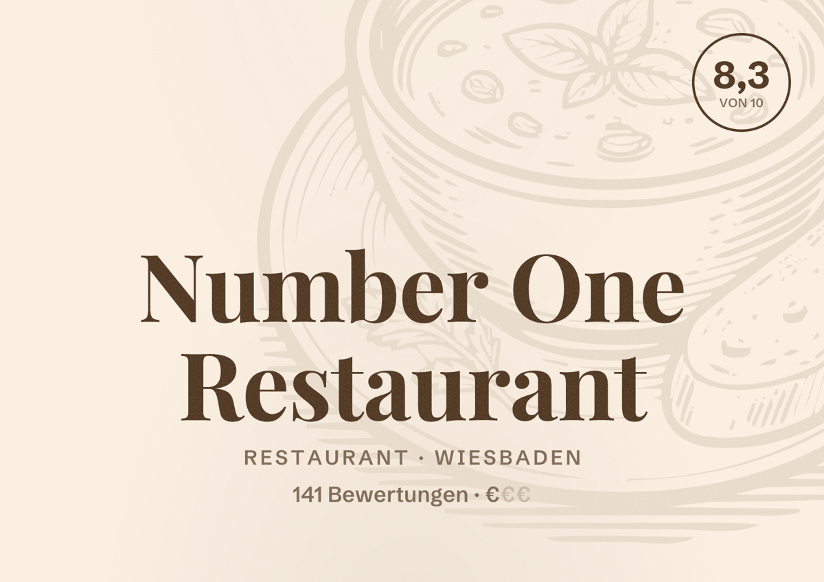Illustriertes Poster von Number One Restaurant, Restaurant in Wiesbaden: Bewertung 8,3 von 10 aus 141 Bewertungen, Preisniveau €