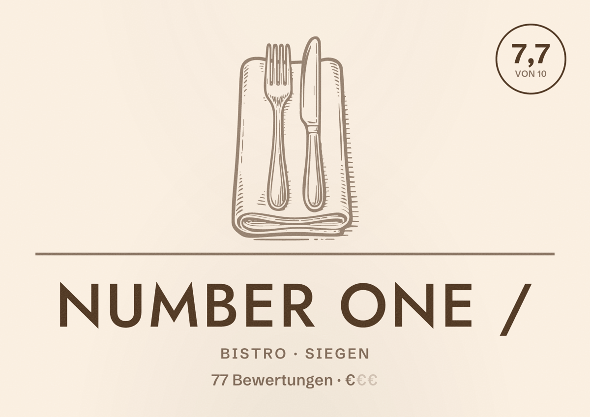 Illustriertes Poster von number ONE /, Bistro in Siegen: Bewertung 7,7 von 10 aus 77 Bewertungen, Preisniveau €