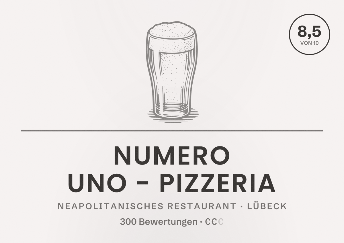 Illustriertes Poster von Numero Uno - Pizzeria, Neapolitanisches Restaurant in Lübeck: Bewertung 8,5 von 10 aus 300 Bewertungen, Preisniveau €€