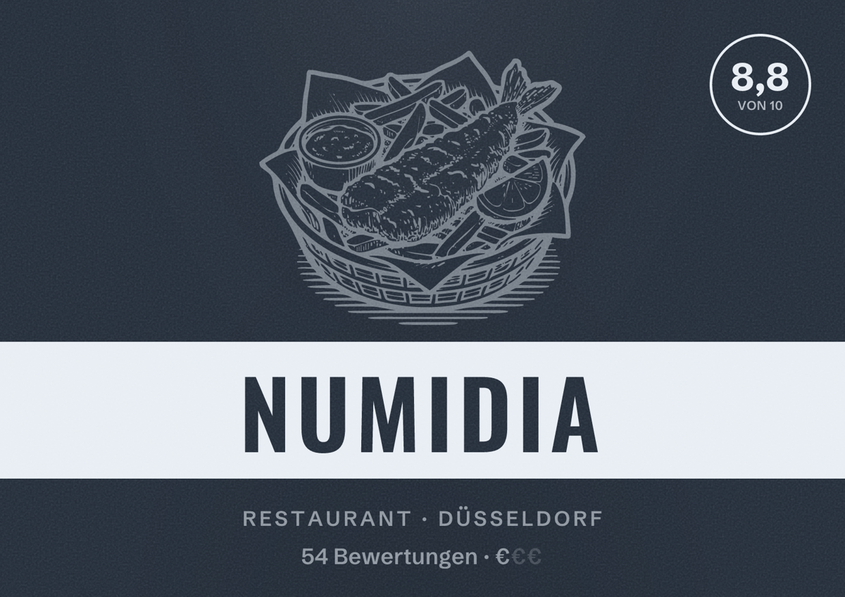 Illustriertes Poster von Numidia, Restaurant in Düsseldorf: Bewertung 8,8 von 10 aus 54 Bewertungen, Preisniveau €