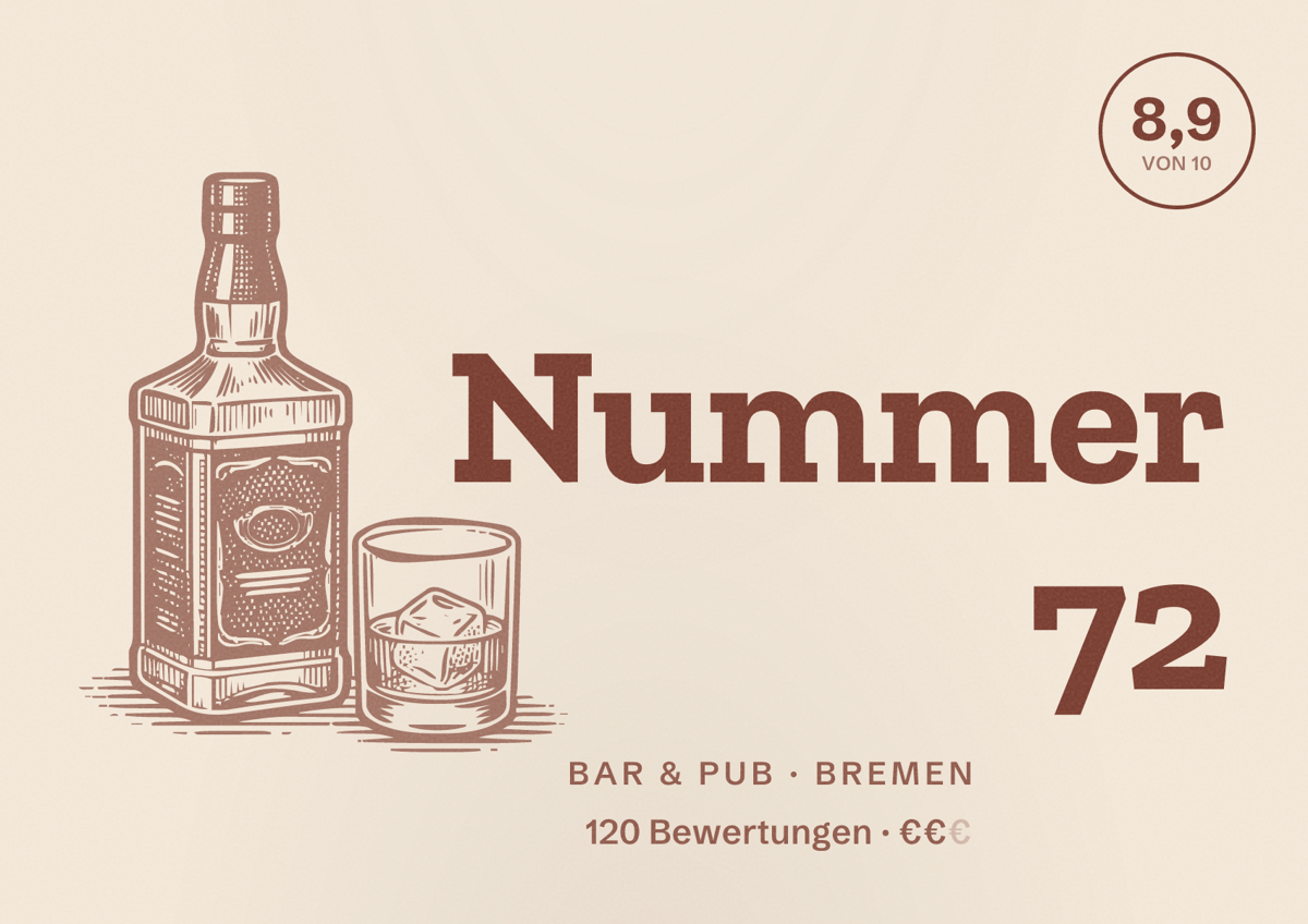 Illustriertes Poster von Nummer 72, Bar & Pub in Bremen: Bewertung 8,9 von 10 aus 120 Bewertungen, Preisniveau €€