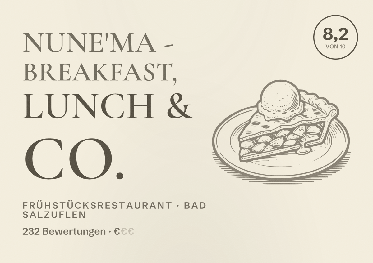 Illustriertes Poster von nune'ma - Breakfast, Lunch & Co., Frühstücksrestaurant in Bad Salzuflen: Bewertung 8,2 von 10 aus 232 Bewertungen, Preisniveau €