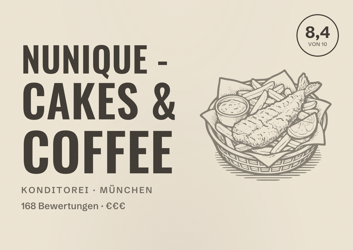 Illustriertes Poster von Nunique - Cakes & Coffee, Konditorei in München: Bewertung 8,4 von 10 aus 168 Bewertungen, Preisniveau €€€