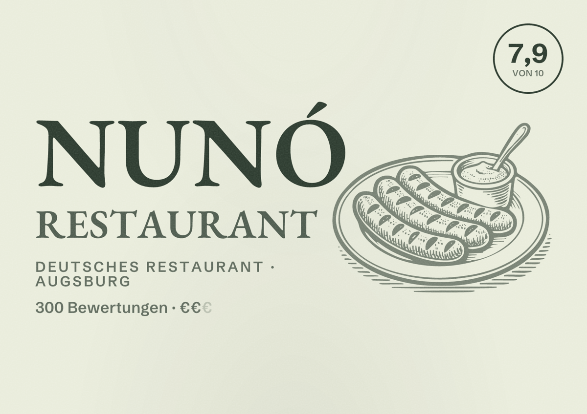 Illustriertes Poster von Nunó Restaurant, Deutsches Restaurant in Augsburg: Bewertung 7,9 von 10 aus 300 Bewertungen, Preisniveau €€