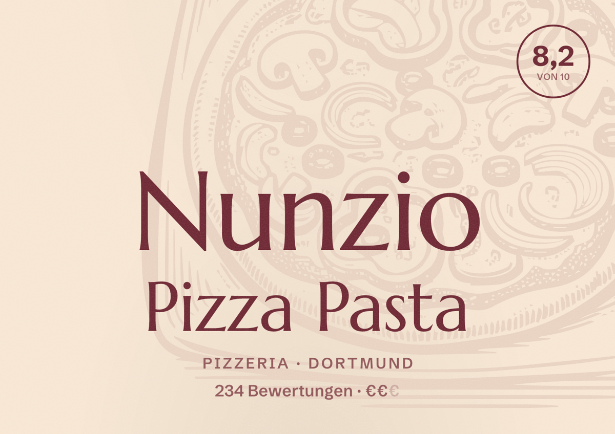 Illustriertes Poster von Nunzio Pizza Pasta, Pizzeria in Dortmund: Bewertung 8,2 von 10 aus 234 Bewertungen, Preisniveau €€