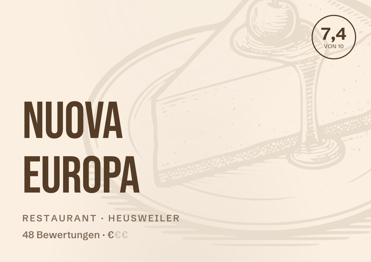 Illustriertes Poster von Nuova Europa, Restaurant in Heusweiler: Bewertung 7,4 von 10 aus 48 Bewertungen, Preisniveau €