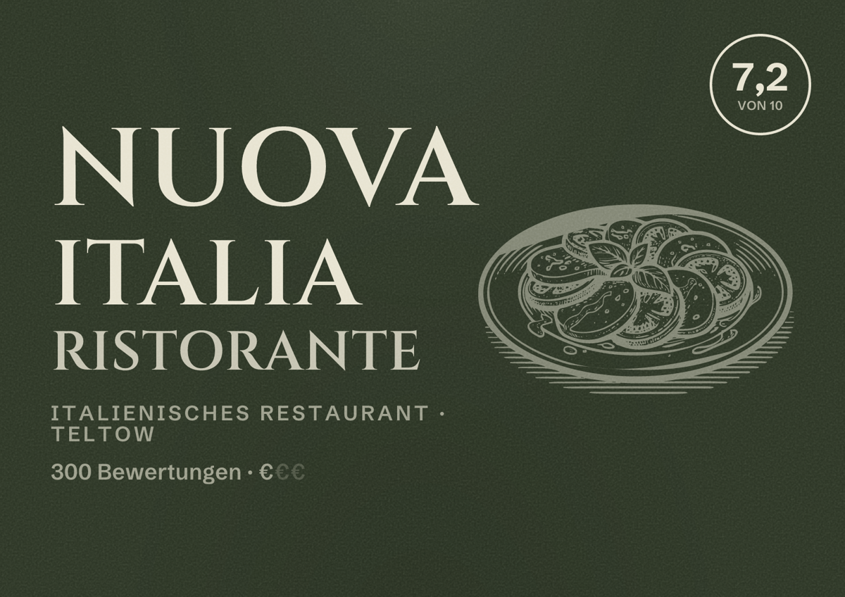 Illustriertes Poster von Nuova Italia Ristorante, Italienisches Restaurant in Teltow: Bewertung 7,2 von 10 aus 300 Bewertungen, Preisniveau €