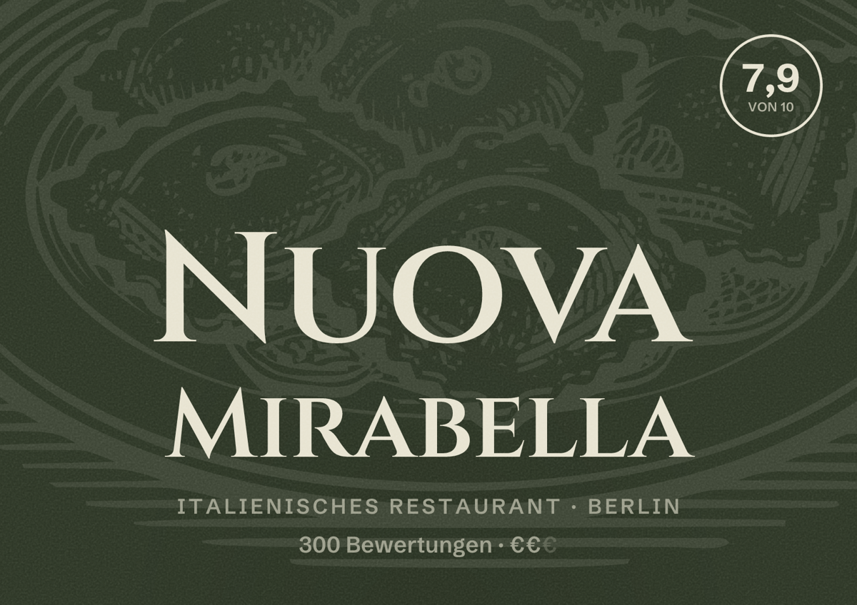 Illustriertes Poster von Nuova Mirabella, Italienisches Restaurant in Berlin: Bewertung 7,9 von 10 aus 300 Bewertungen, Preisniveau €€