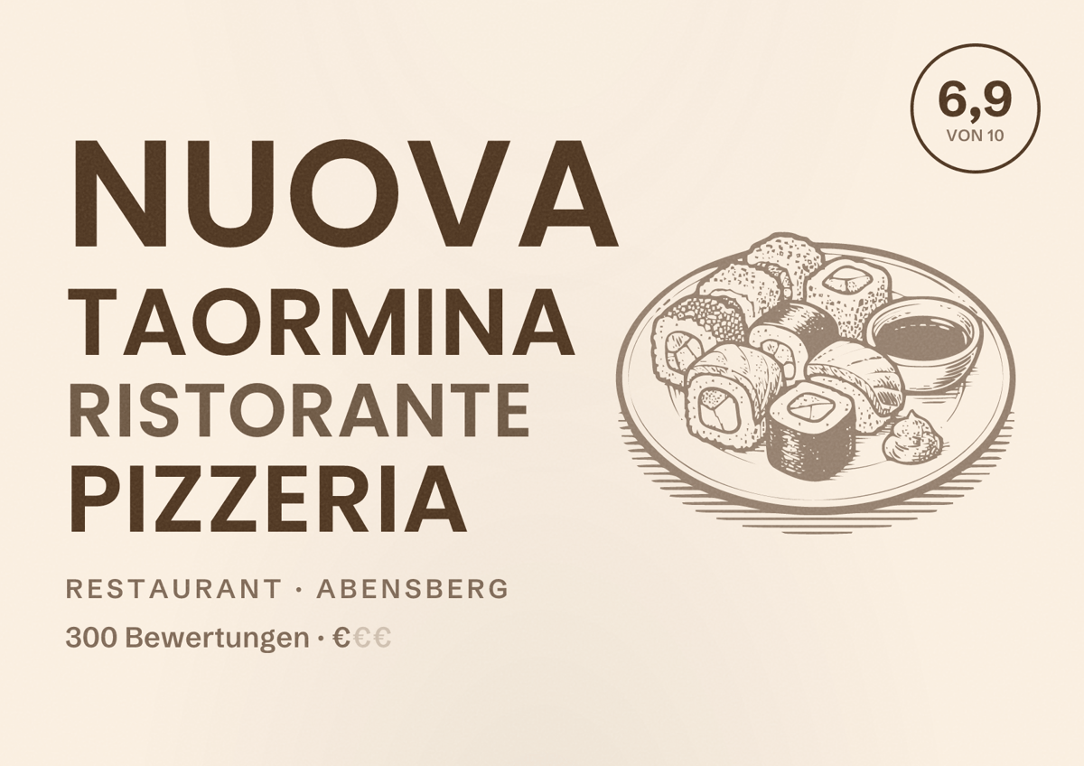 Illustriertes Poster von Nuova Taormina Ristorante Pizzeria, Restaurant in Abensberg: Bewertung 6,9 von 10 aus 300 Bewertungen, Preisniveau €