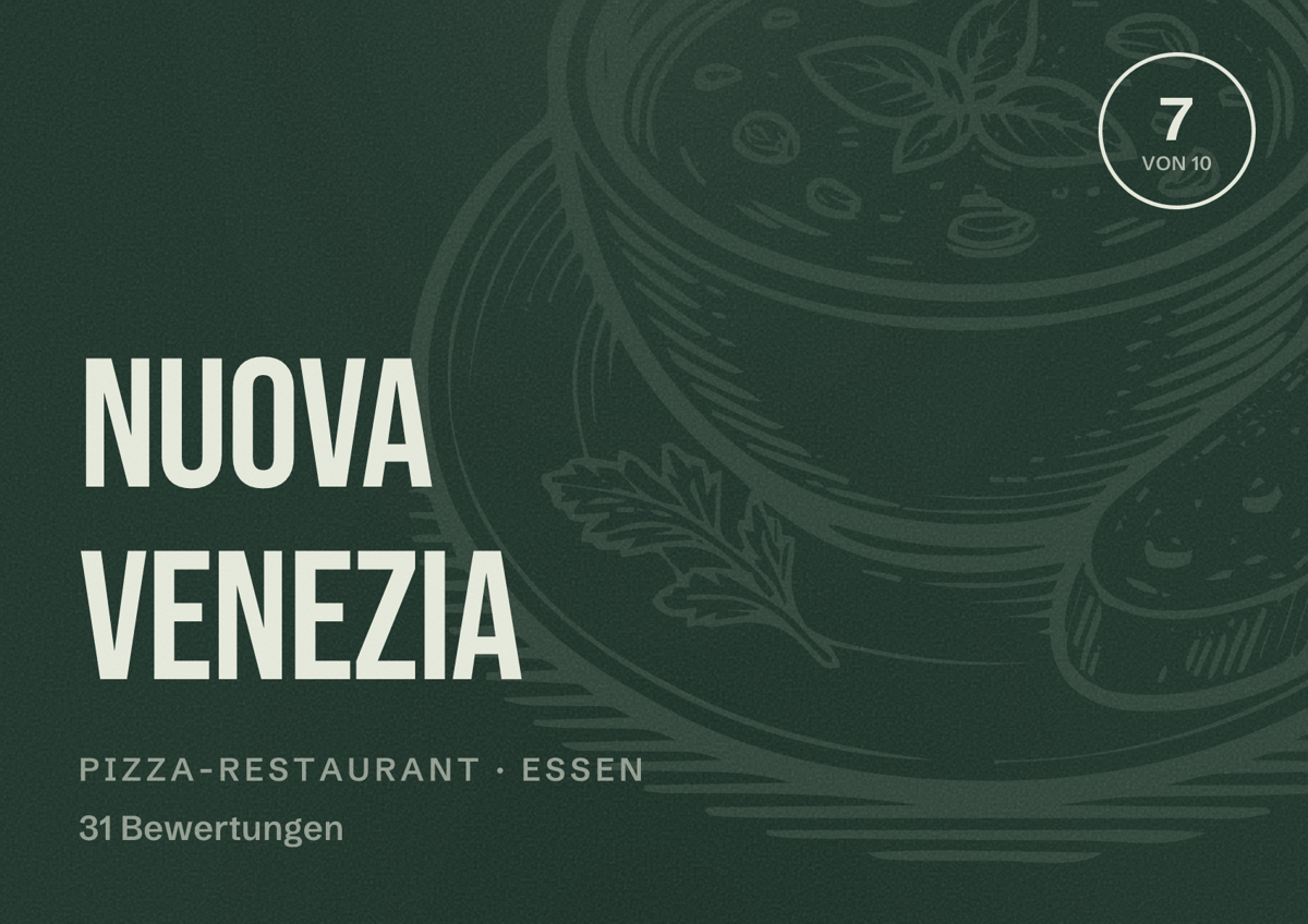 Illustriertes Poster von Nuova Venezia, Pizza-Restaurant in Essen: Bewertung 7 von 10 aus 31 Bewertungen