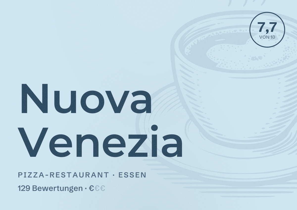Illustriertes Poster von Nuova Venezia, Pizza-Restaurant in Essen: Bewertung 7,7 von 10 aus 129 Bewertungen, Preisniveau €